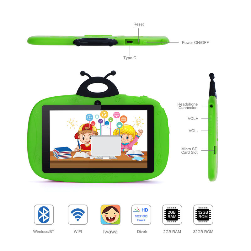 C idee Dual Camera WiFi 7 inch Tablet PC Android Kinderen Voor Kleuters Leren 128GB met Case Kids App CM76 Groen
