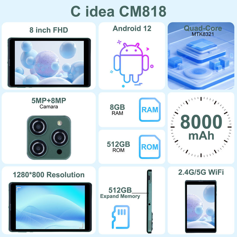 C idee 8 inch Android Tablet PC Met Android 12 OS Quad Core CPU 8GB RAM 512GB opslag IPS HD Display CM818-groen