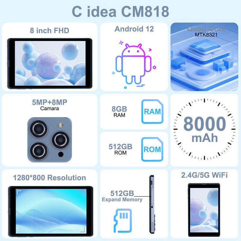 C idee Android Tablet PC Dual Camera 8 Inch 1280x800 IPS HD Display Android 12 Tablets voor studenten CM818-Grey