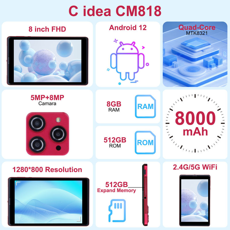 C idee 8 inch Android 12 Tablet 8GB RAM 512GB ROM 8000mAh Battery 5+8MP Camera voor studenten met SIM-ondersteuning CM818-rood