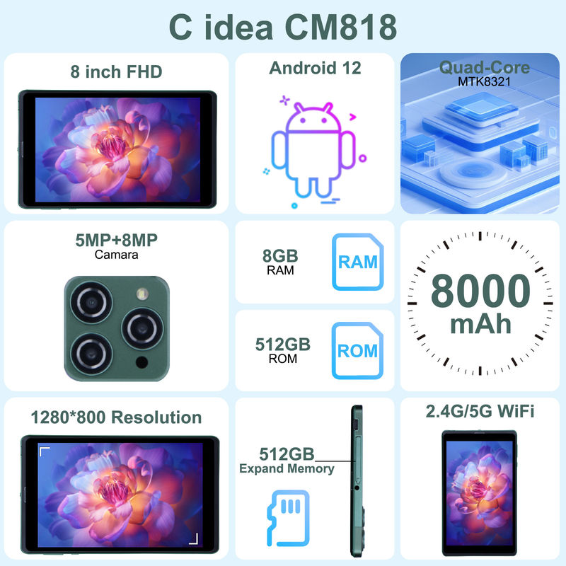 C idee Draagbare 8 inch Android Tablet PC Met Android 12 Quad Core CPU 8GB RAM 512GB opslag IPS HD Display CM818-Groen