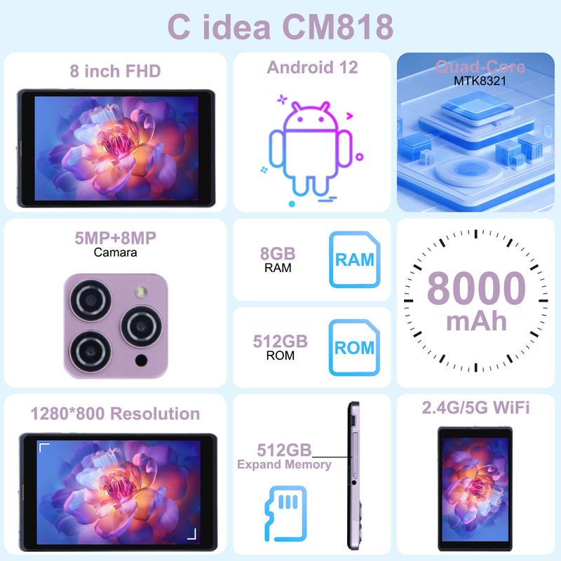 C Idea 8 inch Android 12 Tablet 8000mAh Battery 5MP+8MP Camera 8GB RAM 512GB ROM Voor onderwijs Leer CM818-roze