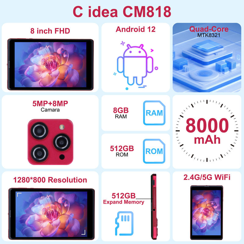 C idee 8 inch Android 12 Tablet 8GB RAM 512GB ROM 8000mAh Batterij 5+8MP Camera voor tieners met SIM-ondersteuning CM818-rood