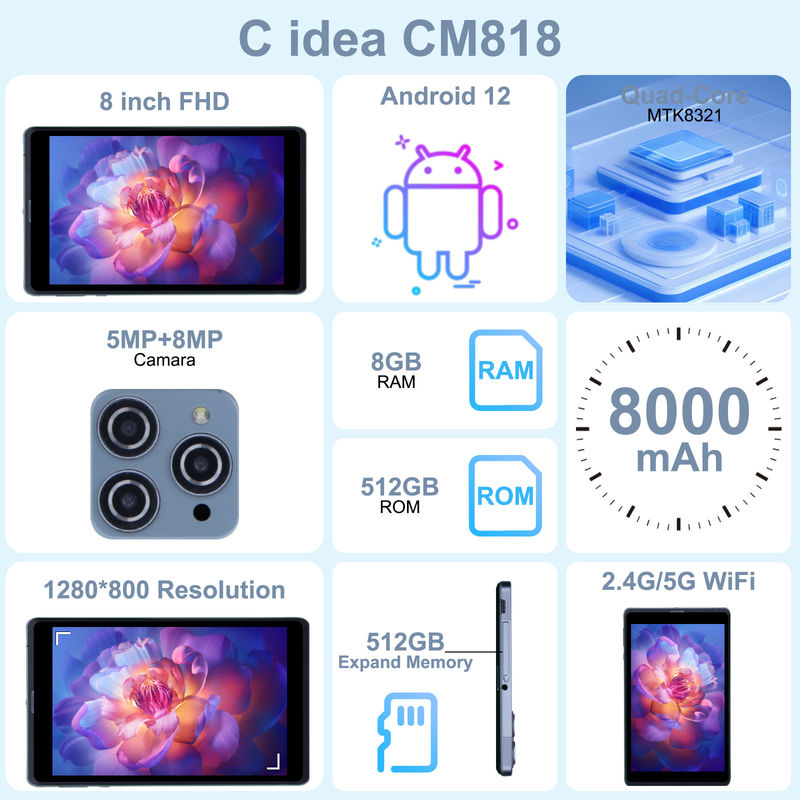 C idee Android Tablet PC Dual Camera 8 Inch 1280x800 IPS HD Display Android 12 Tablets voor tieners CM818-Grey