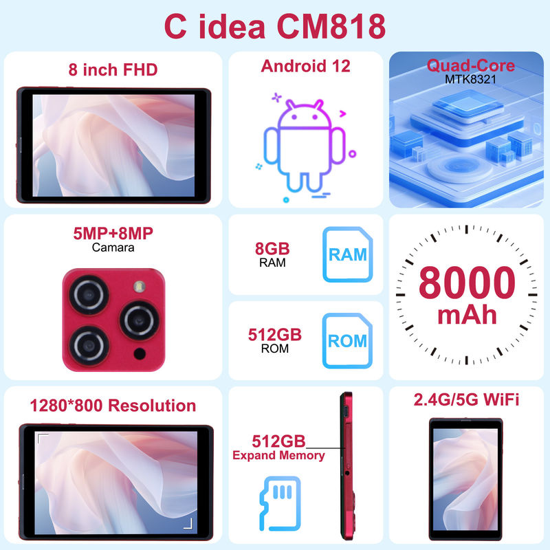 C idee 8 inch Android 12 Tablet 8GB RAM 512GB ROM 8000mAh Battery 5+8MP Camera voor studenten met SIM-ondersteuning CM818-rood