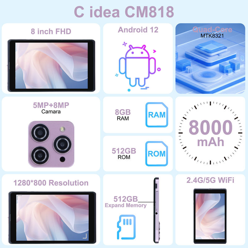 C idee 8 inch Android 12 Tablet 8000mAh Batterij 5+8MP Camera 8GB RAM 512GB ROM voor Onderwijs Leer CM818-roze