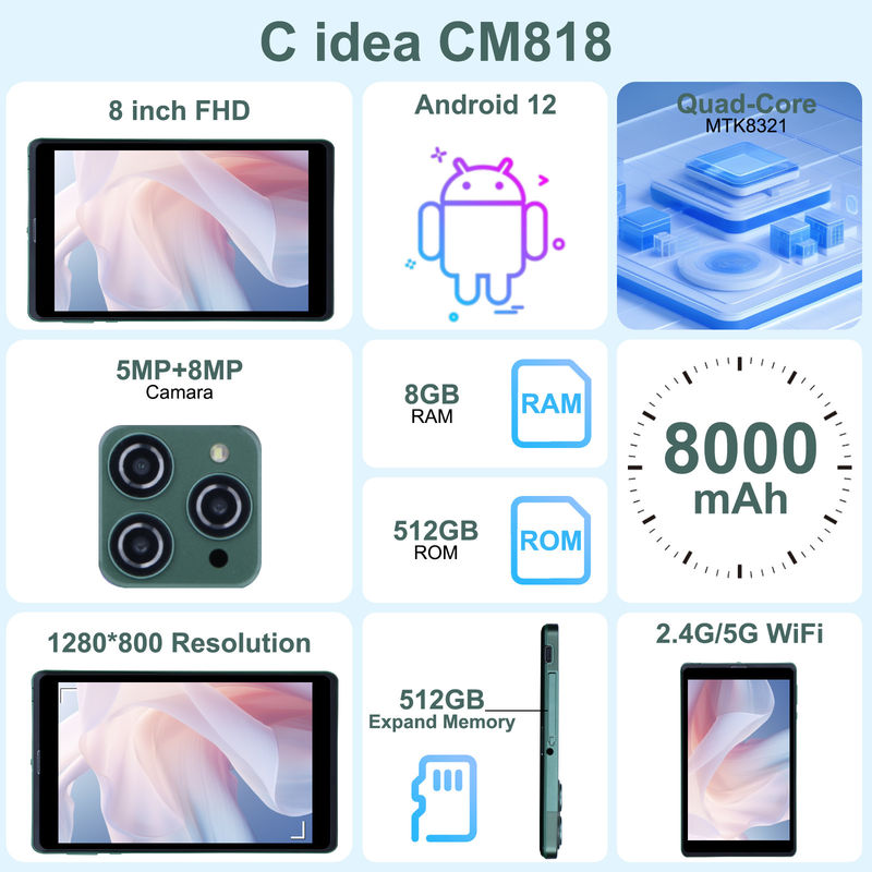 C idee 8 inch Android Tablet PC Met Android 12 OS Quad Core CPU 8GB RAM 512GB opslag IPS HD Display CM818-groen
