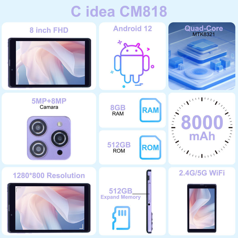 C Idea Portable 8 In Android Tablet PC 8 GB RAM 512 GB Android 12 Tablet IPS HD Display Quad Core CM818-Purple