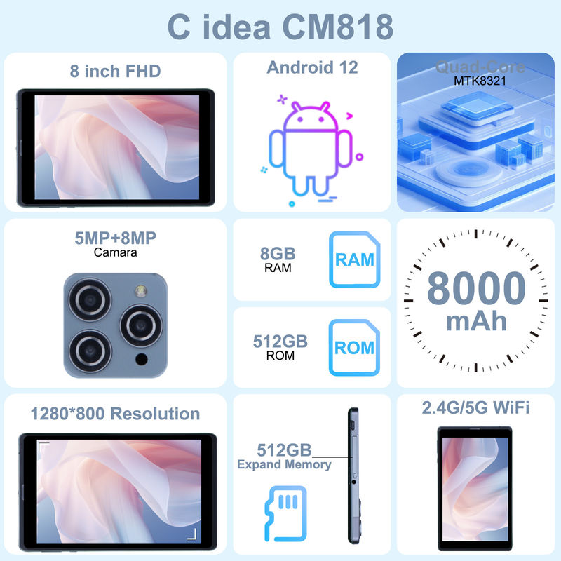 C idee Android Tablet PC Dual Camera 8 Inch 1280x800 IPS HD Display Android 12 Tablets voor studenten CM818-Grey