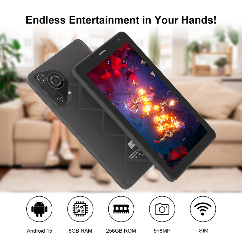C idea 7 inch Wifi Tablet met hoes 8+256GB Opslag Quad Core Processor 600x1024 IPS Touchscreen CM528 zwart