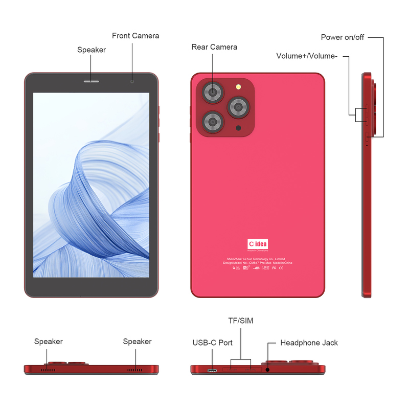 C idea 8 inch Wifi Tablet met 8+512GB Opslag Quad Core Processor 800x1280 IPS Touchscreen rood CM817 Pro