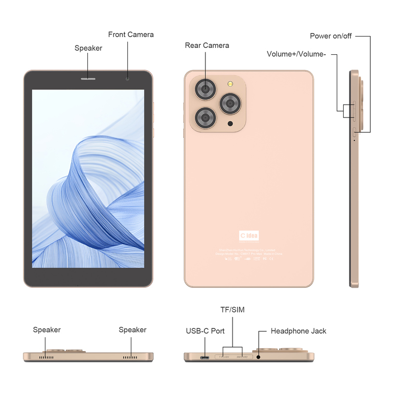 C idee 8 inch Wifi Tablet met 8+512GB opslag Quad Core Processor 800x1280 IPS Touchscreen goud CM817 Pro