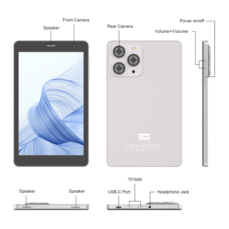 C idee 8 inch Wifi Tablet met 8+512GB opslag Quad Core Processor 800x1280 IPS Touchscreen sliver CM817 Pro