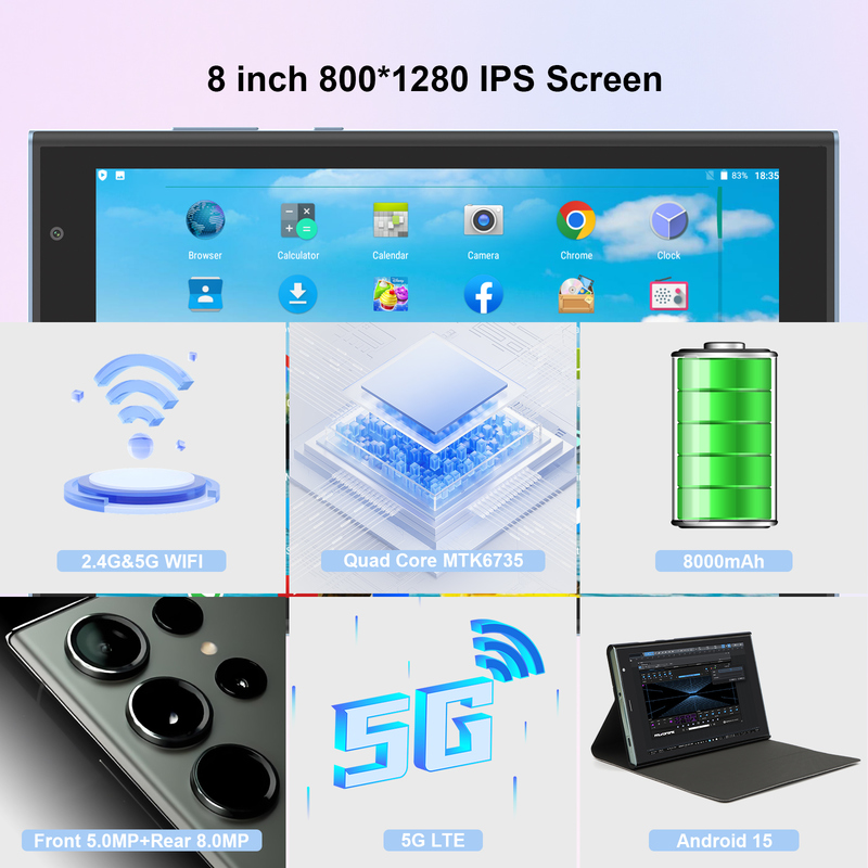C idee 8 inch Wifi Tablet met 8+512GB opslag Quad Core Processor 800x1280 IPS Touchscreen blauw CM824
