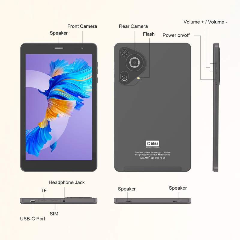 C idea Youth 8 inch Tablet Android 15 met Zwart Licht Scherm, WiFi, 8GB + 512GB, 800*1280 IPS incell CM828