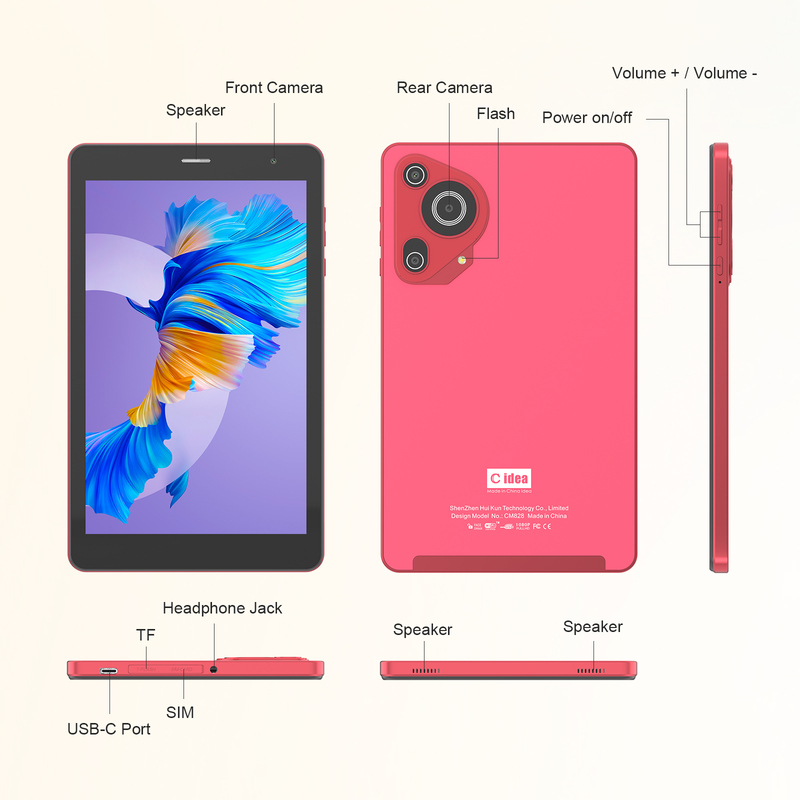 C idee Jeugd rood 8 Inch Tablet Android 15 met tf kaart slot, WiFi,8GB +512GB, 800*1280 IPS incell CM828