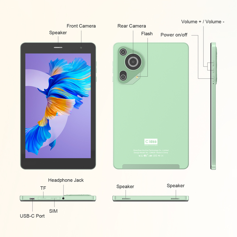C idee Jeugdgroen 8 Inch Tablet Android 15 met tf kaart slot, WiFi,8GB +512GB, 800*1280 IPS incell CM828